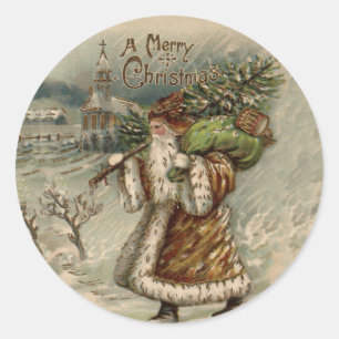 Victorian Santa Claus With Christmas Tree Classic Round Sticker