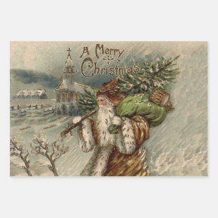 Victorian Santa Claus With Christmas Tree Wrapping Paper Sheet