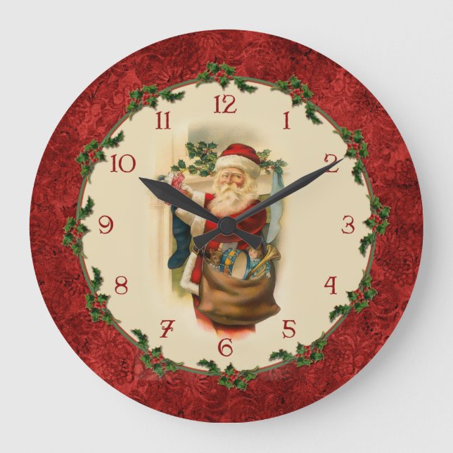 Victorian Santa Claus with Holly Border Large Clock (Front)