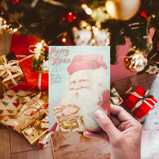 Victorian Santa Claus Xmas Sparkling Bright Holiday Card (Creator Uploaded)
