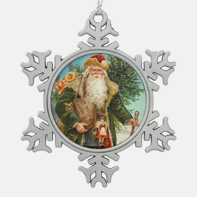 Victorian Santa Delivering Toys Snowflake Pewter Christmas Ornament (Front)