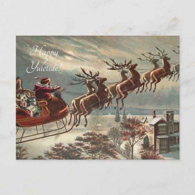 Victorian Santa sleigh over town Postcard (Front)