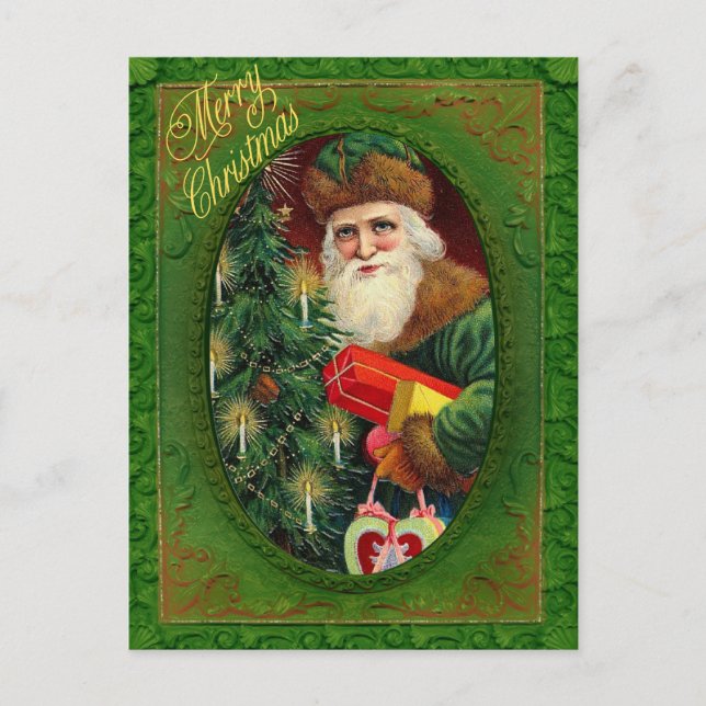 Victorian Santa with Christmas Tree Green  Holiday Postcard (Front)