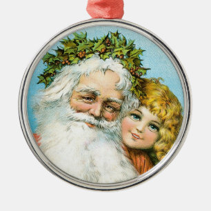 Victorian Santa with Girl Metal Tree Decoration