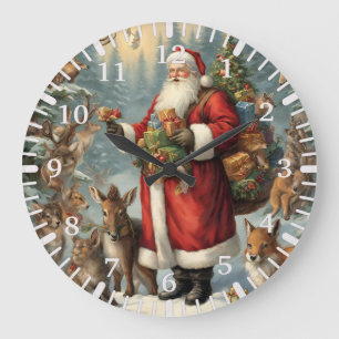 Victorian Santa with Present and Forest Animals  Large Clock