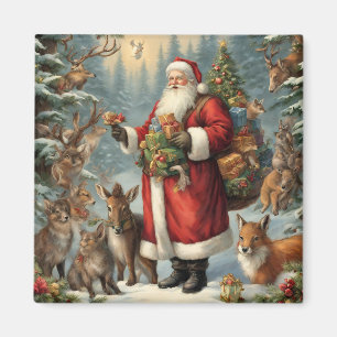 Victorian Santa with Present and Forest Animals  Magnet