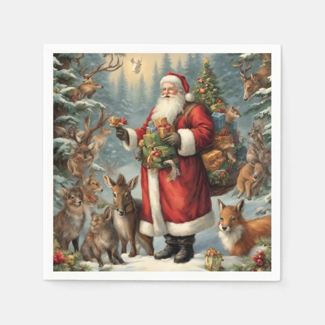 Victorian Santa with Present and Forest Animals  Napkin (Front)