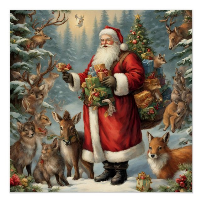 Victorian Santa with Present and Forest Animals  Poster (Front)