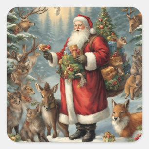 Victorian Santa with Present and Forest Animals  Square Sticker
