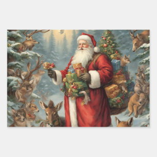 Victorian Santa with Present and Forest Animals  Wrapping Paper Sheet