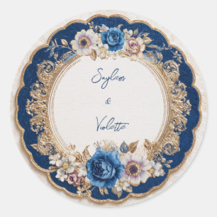 Victorian Sapphire Blue Gold Scalloped Wedding Classic Round Sticker