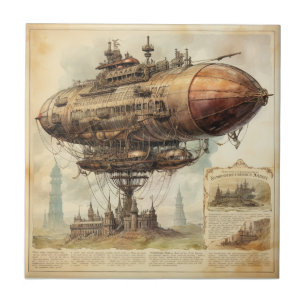 Victorian Sci Fi Airship Over Antique City Tile