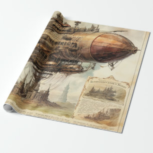 Victorian Sci Fi Airship Over Antique City Wrapping Paper