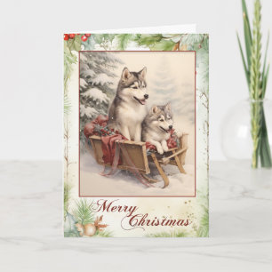 Victorian Siberian Husky Puppy Christmas Holiday Card
