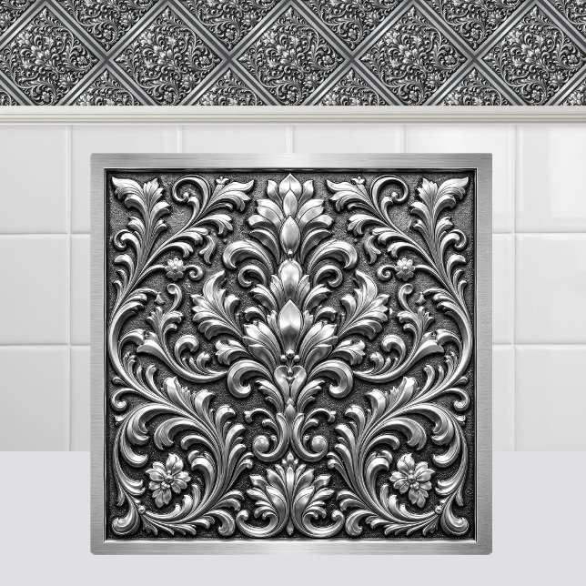 Victorian Silver Embossed Metal Damask Ceiling Tile (Victorian Silver Embossed Metal Damask Ceiling Ceramic Tile)
