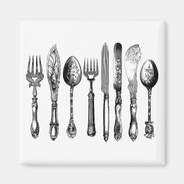Victorian silverware black and white vintage magnet (Front)