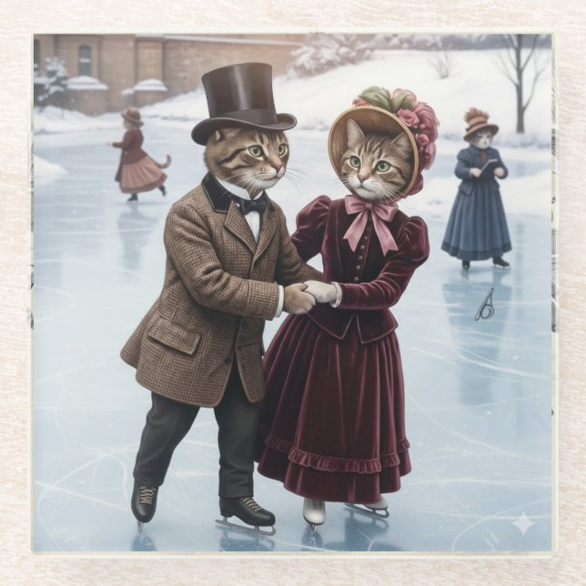 Victorian Skating Cats Glass Coaster (Front)