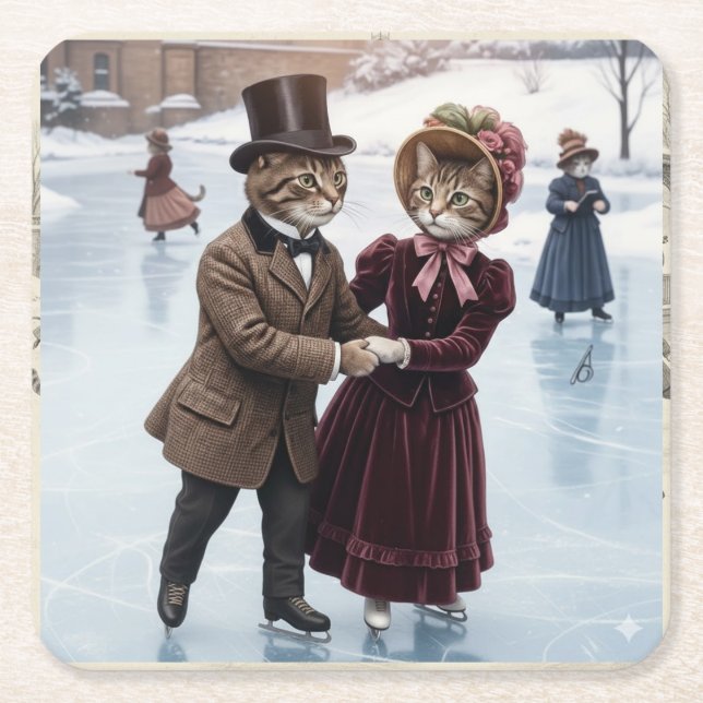 Victorian Skating Cats Paper Coaster (Front)