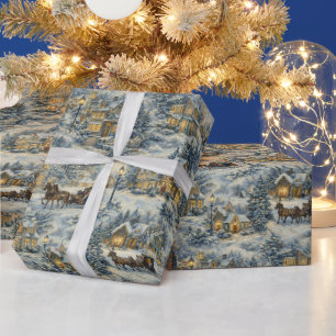 Victorian Snowy Village Christmas Illustration Wrapping Paper