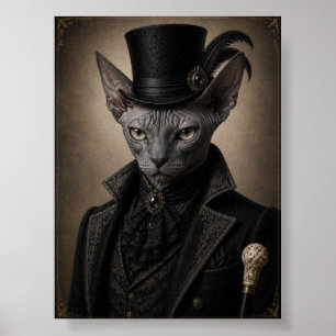 Victorian Sphynx Cat Portrait Print, Gothic Cat Wa Poster