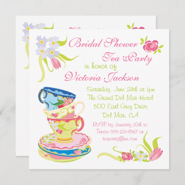 Victorian Stacked Tea Cups Tea Party Bridal Shower Invitation (Front/Back)