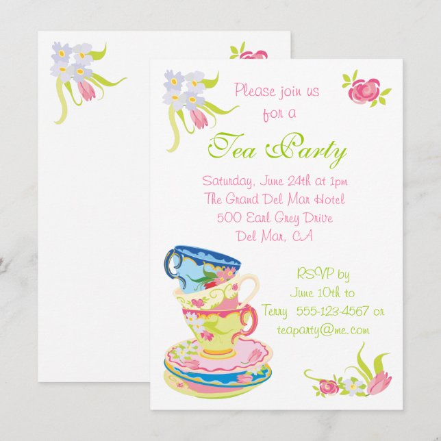 Victorian Stacked Tea Cups Tea Party Invitation (Front/Back)