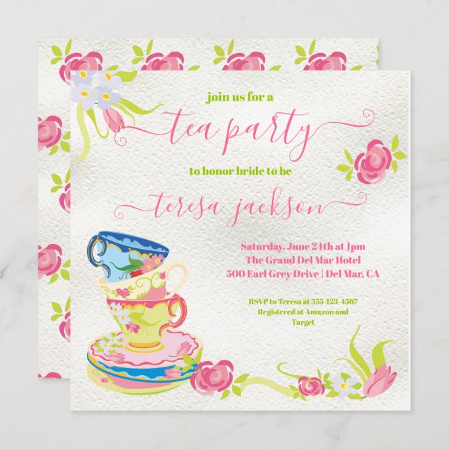 Victorian Stacked Tea Cups Tea Party Invitation (Front/Back)