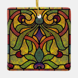 Victorian Stained Glass in Green and Gold Ceramic Ornament
