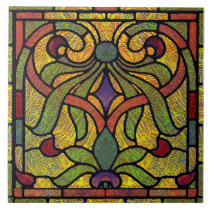 Victorian Stained Glass in Green and Gold Tile
