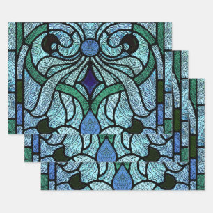 Victorian Stained Glass in Rich Blue Wrapping Paper Sheet
