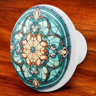 Victorian Stained Glass Pattern Aqua Turquoise  Ceramic Knob