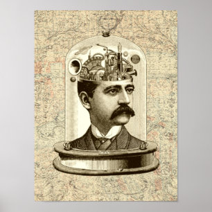 Victorian steampunk clockwork brain mechanical poster