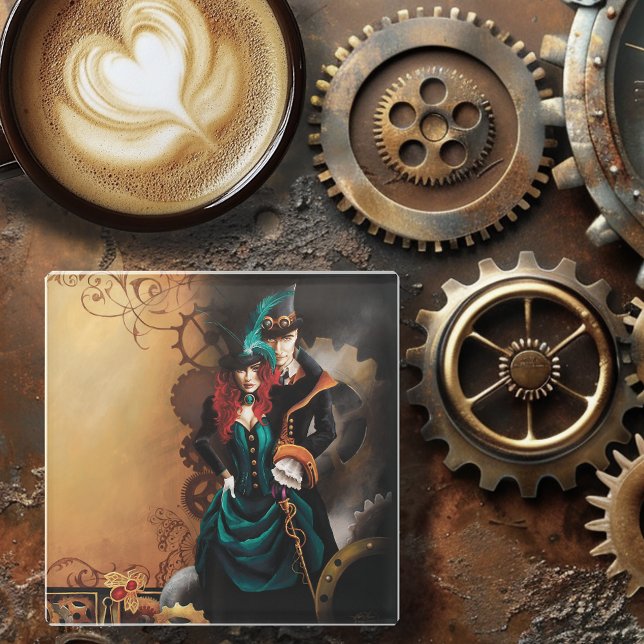 Victorian Steampunk Couple Elegance Romance  Glass Coaster (Creator Uploaded)