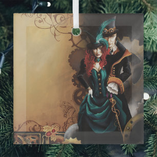 Victorian Steampunk Couple Elegance Romance Glass Tree Decoration