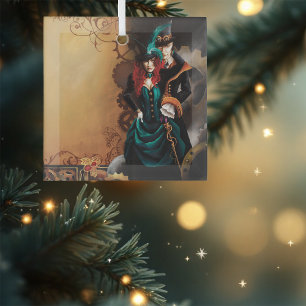 Victorian Steampunk Couple Elegance Romance  Glass Tree Decoration