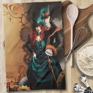 Victorian Steampunk Couple Elegance Romance Tea Towel