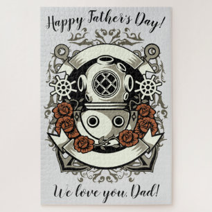 Victorian Steampunk Deep Sea Diver Red Roses Jigsaw Puzzle