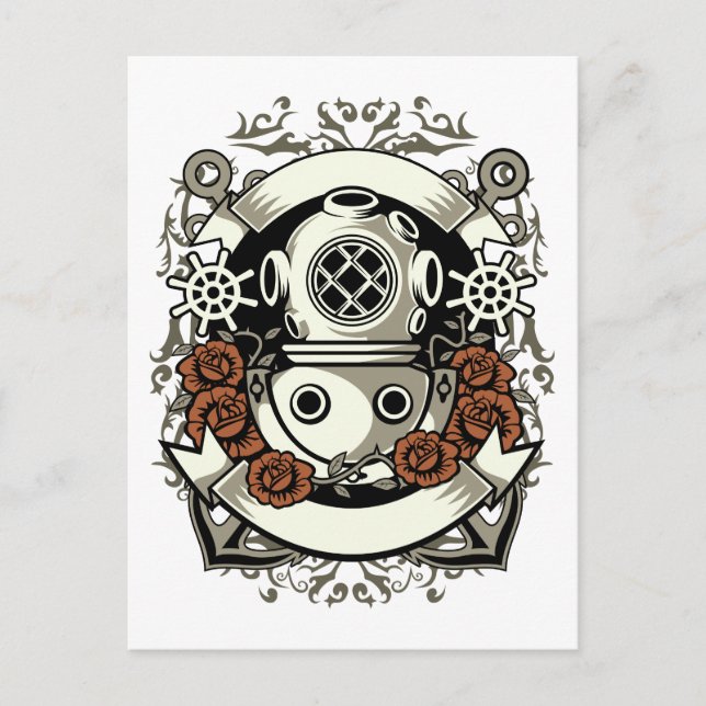 Victorian Steampunk Deep Sea Diver Red Roses Postcard (Front)