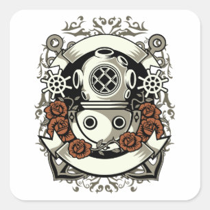 Victorian Steampunk Deep Sea Diver Red Roses Square Sticker