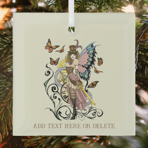 Victorian Steampunk Fairy Butterflies Gears Yellow Glass Tree Decoration