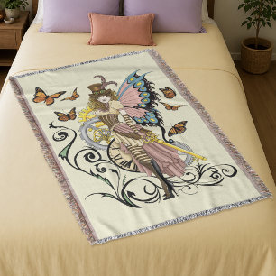 Victorian Steampunk Fairy Butterflies Gears Yellow Throw Blanket