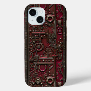 Victorian Steampunk Gear Burgundy Red iPhone 15 Case