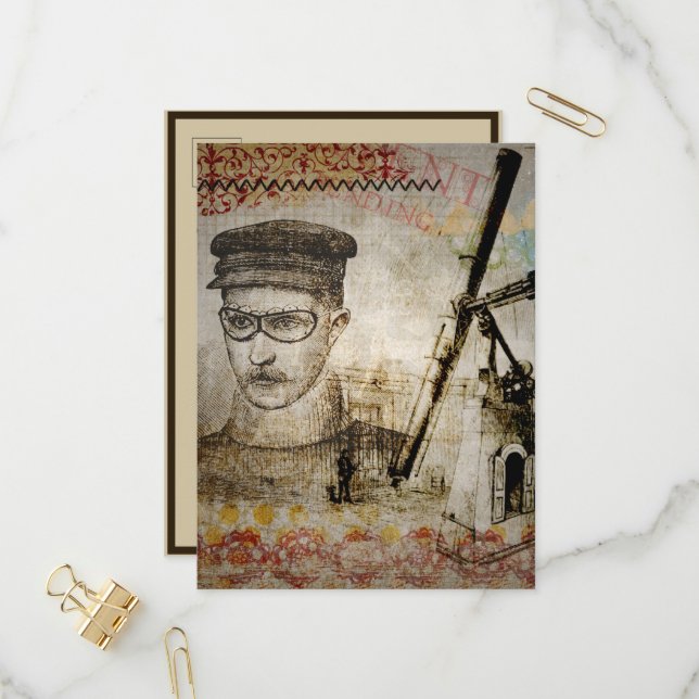 Victorian Steampunk Inventor Scientist Telescope Invitation Postcard (Front/Back In Situ)