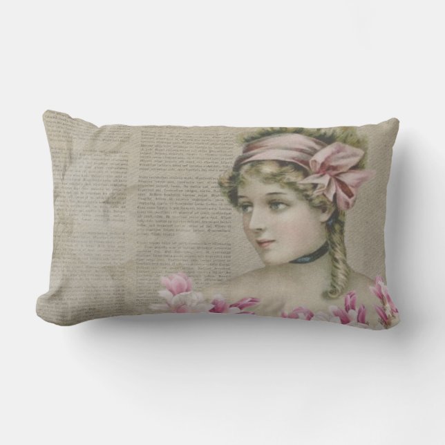Victorian Steampunk Lady Newspaper Lumbar Pillow (Front)