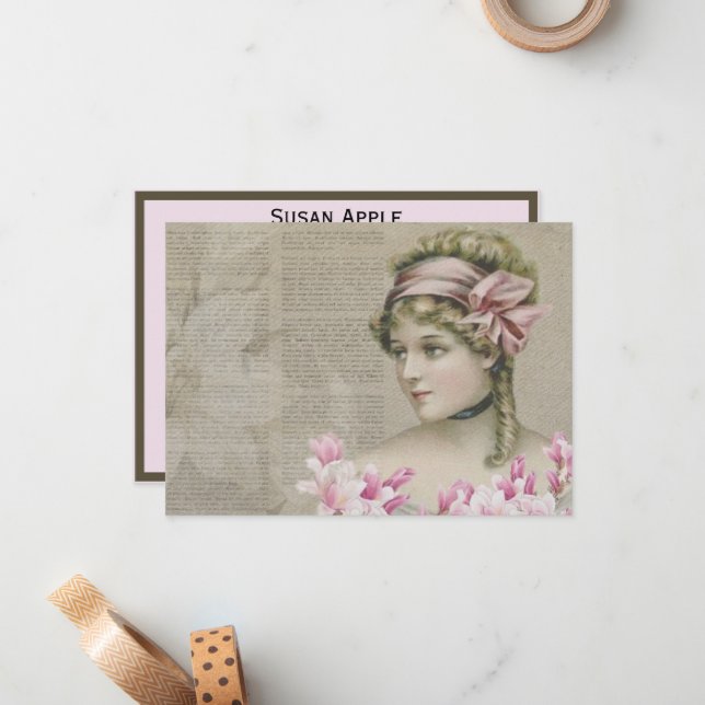 Victorian Steampunk Lady Pink Newspaper Card (Front/Back In Situ)