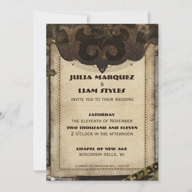 Victorian Steampunk Leather Wedding Invitation (Front)