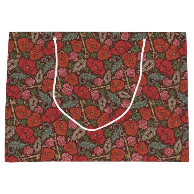 Victorian Steampunk Old Lock Key Red Poppies Large Gift Bag (Front)