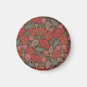 Victorian Steampunk Old Lock Key Red Poppies Magnet