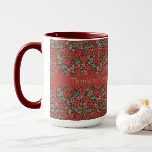 Victorian Steampunk Old Lock Key Red Poppies Mug (With Donut)
