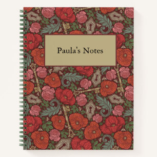 Victorian Steampunk Old Lock Key Red Poppies Notebook